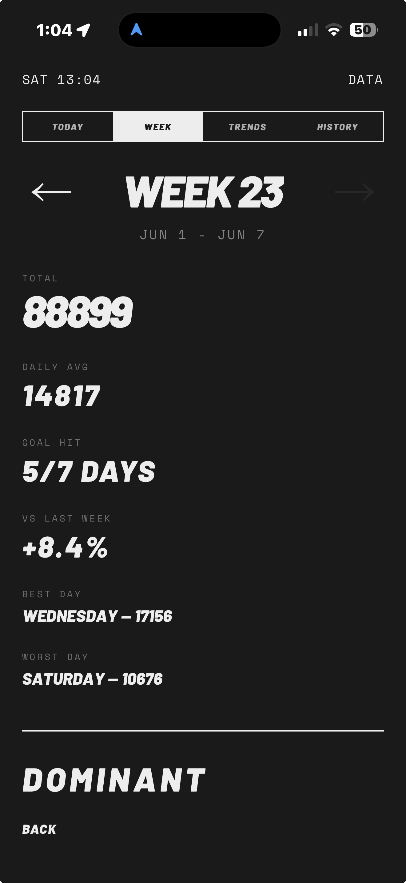 Weekly report: total, daily average, days hit, and the verdict.