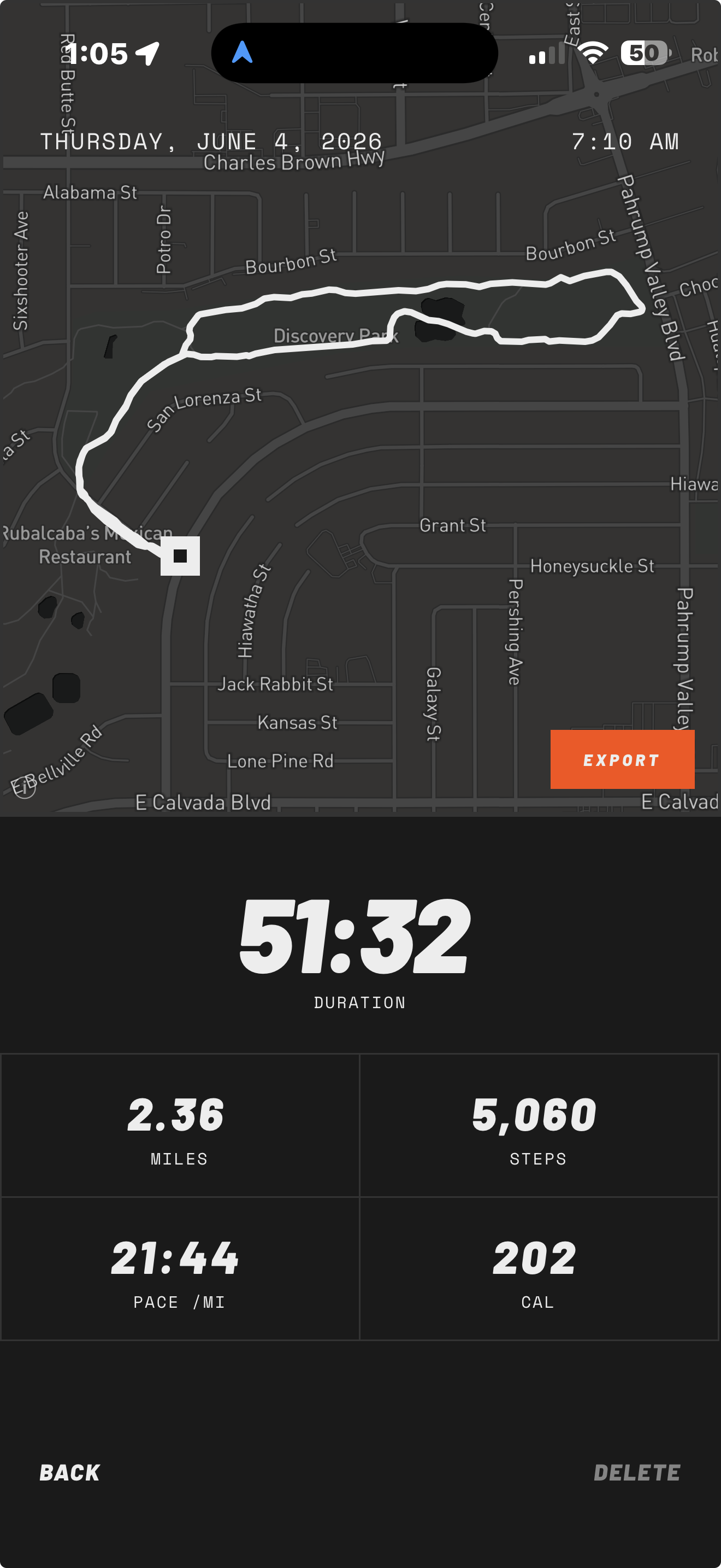 Walk detail: route map, pace, steps, calories, and Strava export.
